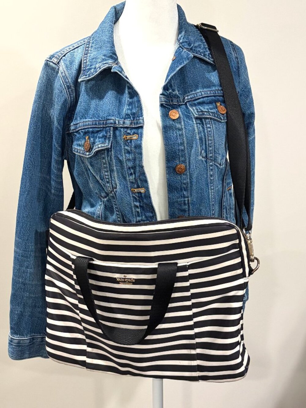 Madewell Denim Jacket S + Kate Spade Striped Nylon Laptop Bag Bundle